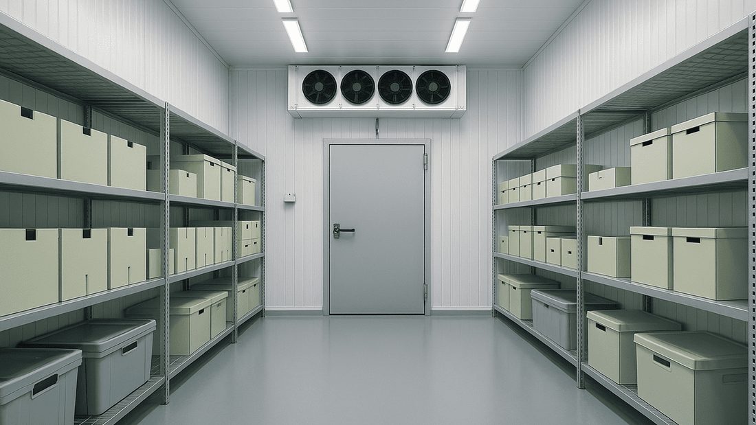Walk-in cold room with shelving and evaporator unit